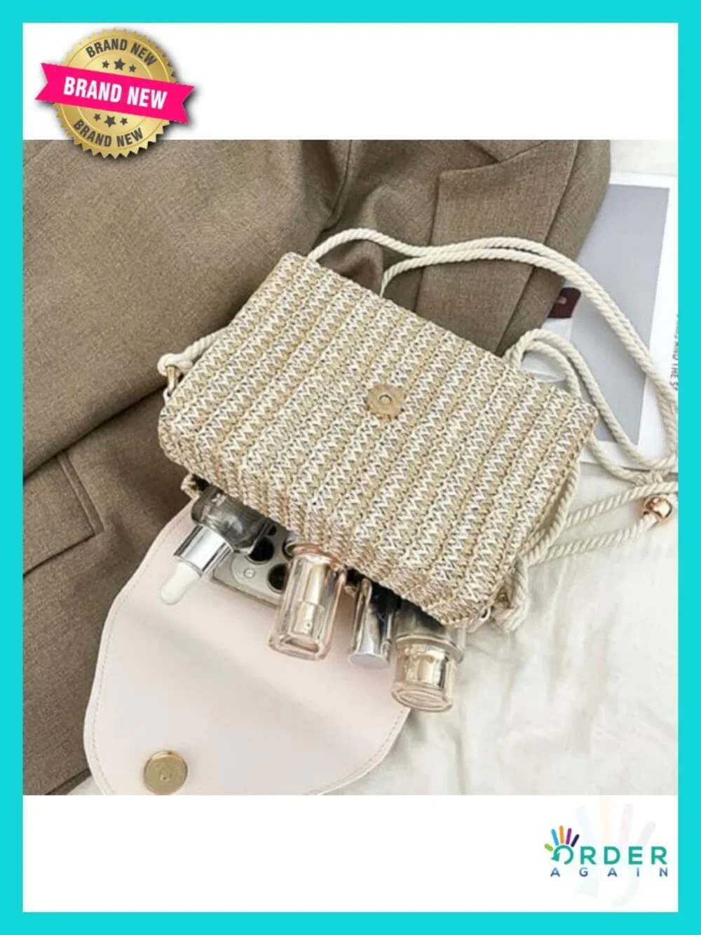 Handmade Boho Straw Crossbody Bag with Evil Eye Embellishment_2